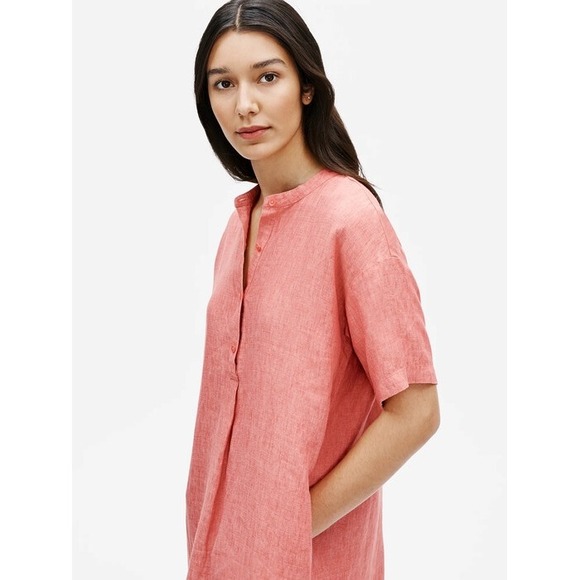 EILEEN FISHER Delave Organic Linen Mandarin Collar Button Shirt Dress Coral  M